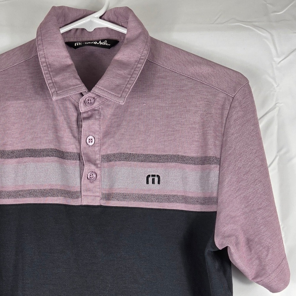 TravisMathew Mens Small Polo Shirt Colorblock Purple Grey Pima Cotton Blend Golf